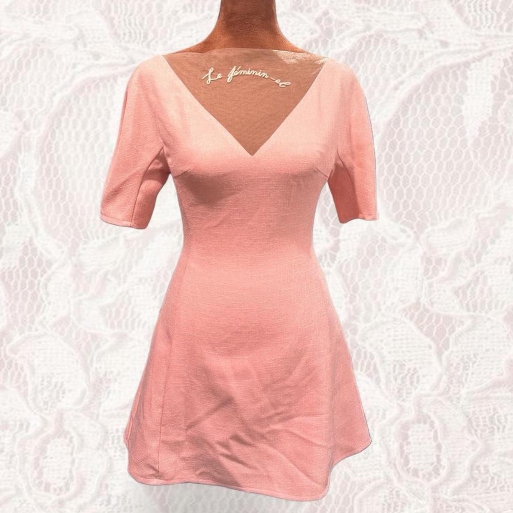ELPIS - Pink V-Neck Mini Dress with Dainty Mesh Embroidered Detail